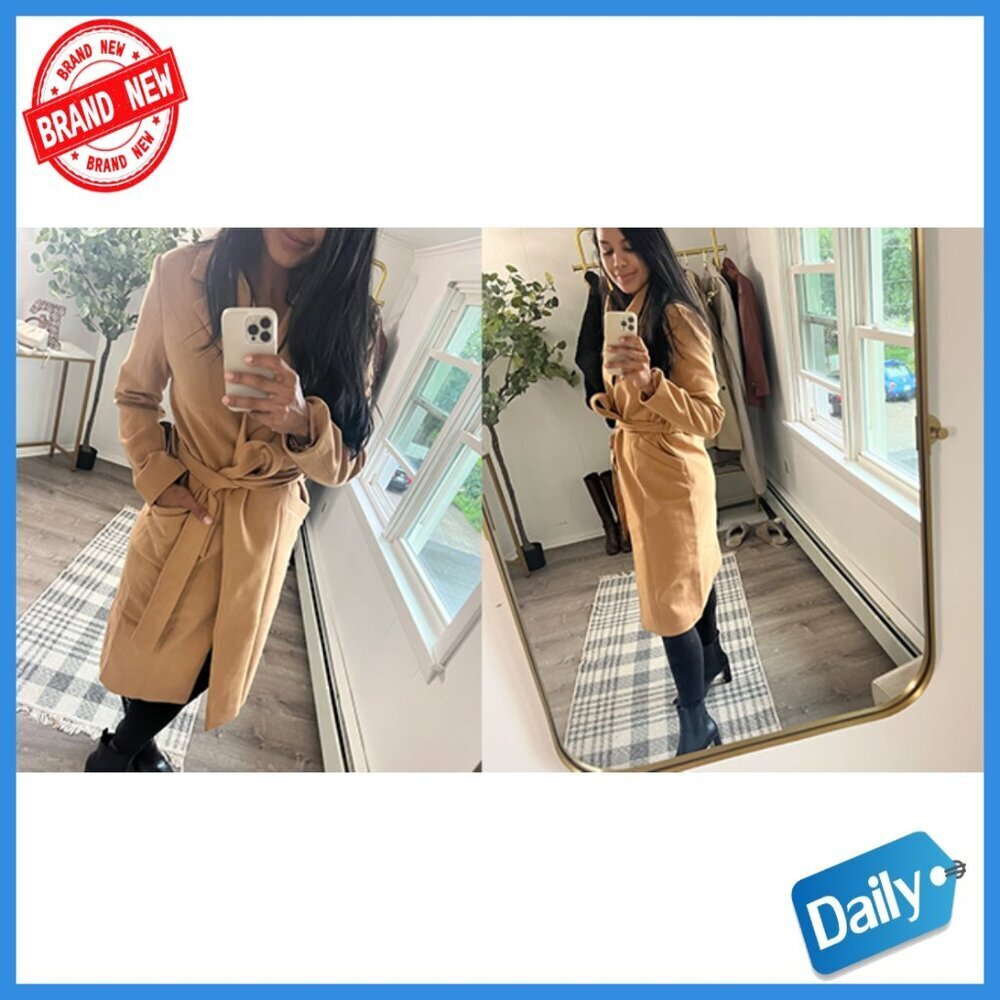 Long Wool Pea Coat with Belt Lapel Collar Open Front Winter Jacket - Picture 7 of 7